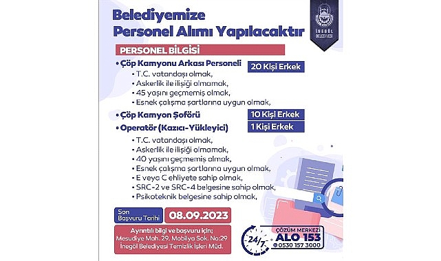 İnegöl Belediyesi 31 Personel Alacak