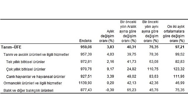 Tarım ürünleri üretici fiyat endeksi (Tarım-ÜFE) yıllık yüzde 76,35, aylık yüzde 3,83 arttı